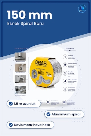 Esnek Aspiratör Borusu 150 Mm X 1,5 M Alüminyum Spiral Davlumbaz