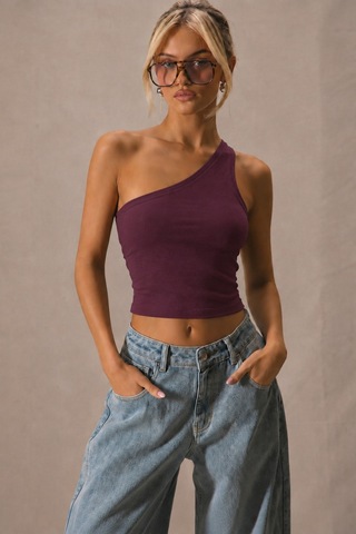 Tarz Cool Kadın Tek Omuz Crop Atlet Esnek Slim Fit Süprem Kumaş Asimetrik Yaka Bluz Bordo