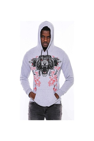 Wessi Gri Taşlı Baskılı Kapşonşlu Sweatshirt Gri