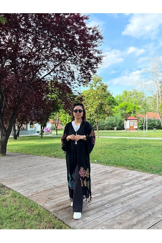 Siyah Mercan Desenli Kaftan Kimono Renkli Desenli Salaş Plaj Ve Günlük Kullanım Siyah - Turuncu