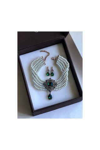 Baget Ve Su Damlası İnci Choker Kolye Ve Küpe Seti Beyaz