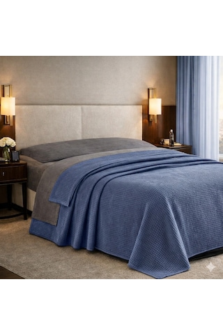 Faralya Life %100 Pamuklu Kare Petek Dokulu Çift Kişilik Lüks Pike 200 220cm Açık Indigo