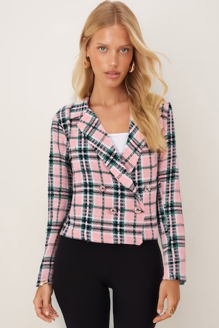 Armonika Kadın Pembe-yeşil Kruvaze Yaka Tüvit Crop Ceket Arm-24k001014
