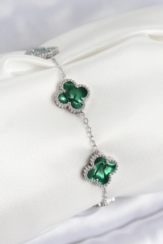 316l Çelik Sedefli Zümrüt Yeşil Gümüş Renk Yonca Kadın Bileklik Çok Renkli