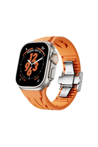 Apple Watch Ultra 49mm Uyumlu Krd-127 Metal Tokalı Silikon Kordon Turuncu