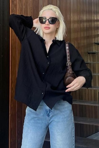 Madmext Siyah Uzun Kollu Çizgili Oversize Gömlek Mg2080-siyah Siyah