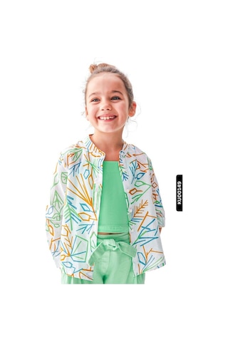 Xo Kids Düğmeli Dik Yakalı Geometrik Desenli Kız Çocuk Gömlek 4-8 Yaş 36509 Ekru - Yeşil