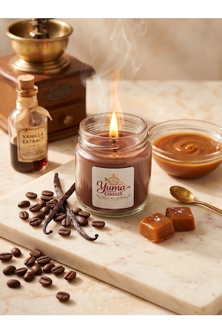 Vanilya , Kahve Ve Karamel Kokulu %100 Soya Wax 100cc Kapaklı Cam Kavanoz Mum Kahverengi
