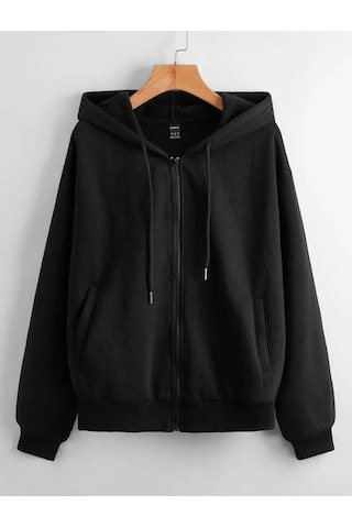 Altamira Unisex Siyah Yuvarlak Sırt Baskılı Ince Mevsimlik Kapşonlu Oversize Hırka 001