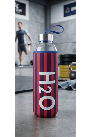 H2o Desenlı Kılıflı 750 Ml Cam Matara Çızgı Mavi