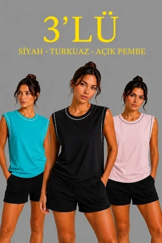 Valensdesign 3 Lü Kolsuz Sporcu Atlet Seti Yazlık Bisiklet Yaka - Siyah, Turkuaz, Pembe Çok Renkli