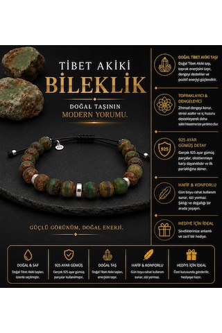 Tibet Akik Doğal Taşlı 8mm - 925 Ayar Gümüş Detaylı Makrome Örgülü Erkek Bileklik Hediye Kutulu