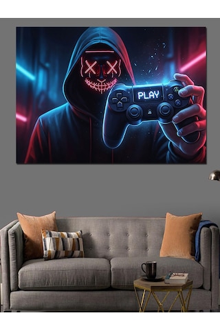 Neon Işıklı Kapşonlu Gamer Figür Dekoratif Kanvas - Mdf Ahşap Tablo