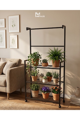 Tekerlekli Metal Saksı Standı Ve Bitki Askılığı - 3 Raflı Portatif Çiçek Rafı Siyah -
