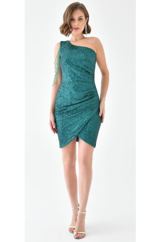 Hanife Glam Couture Hanife Glam Tek Omuz Taş Tasarımlı Mini Pulpayet Elbise Zümrüt