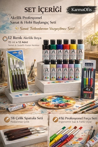 12 Renk Akrilik Boya Seti 70ml Fırça + Spatula Dahil Profesyonel Sanat Hobi Başlangıç Seti Krem
