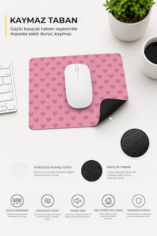 Pembe Renkli Kalpli Desenli Ergonomik Mouse Pad, Kaymaz Yüzey İle Ev Ve Ofis Kullanımı İçin İdeal 230x190x2mm