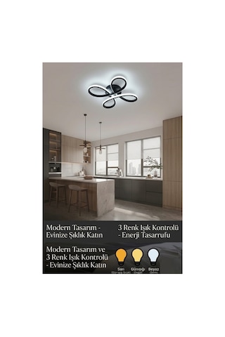 Daisy 4 Lü Siyah Avize Plafonyer 3 Renkli Modern Salon, Mutfak, Çocuk Odası, Antre Aydınlatma