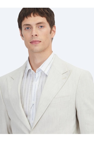 Kip Bej Desenli Modern Fit Keten Karışımlı Takım Elbise