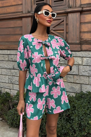 Kadın Multi Çiçek Desenli Poplin Kısa Takım Çok Renkli