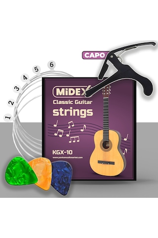 Midex Kgx-10C Klasik Gitar Teli Takımı Pena ve Kapo Seti