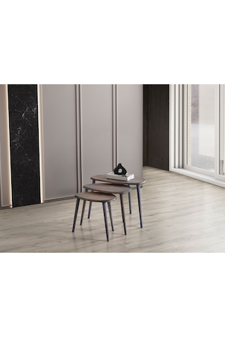 Masif Doğal Ahşap Zigon Sehpa 3'lü Set, Modern Antrasit Yan Sehpa