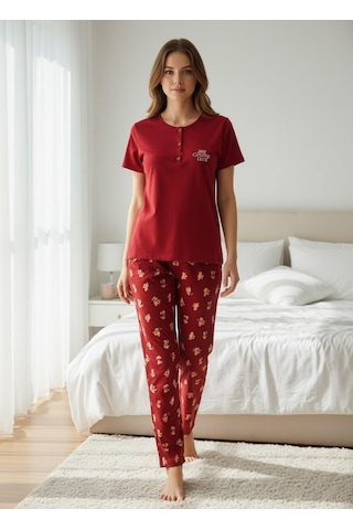 Mihra Kadın Compakt Penye Düğmeli Yaka Kısa Kol İnce Pijama Takımı 90783k - 1 Adet Kırmızı