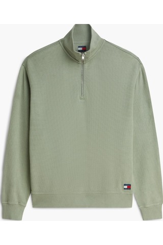 Tommy Hilfiger Relaxed Waffle Label Half Zip Erkek Yeşil Sweatshirt-16109