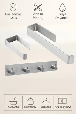 3'lü Set Paslanmaz Çelik Yapışkanlı Havlu Askılığı, Tuvalet Kağıtlığı Ve 4'lü Askılık Yapışkanlı Metal