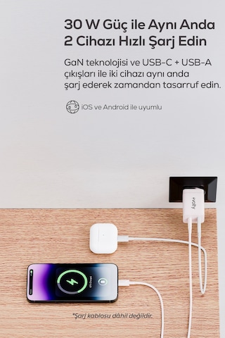 Hızlı Şarj Adaptörü 30w Pd Gan, Usb-c & Usb-a, İphone & Samsung Uyumlu, 55gr Beyaz-v0102008
