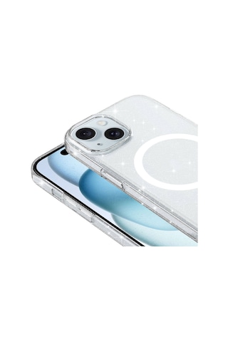 Nourthkiingdom Apple Uyumlu iPhone 15 Kılıf Nrtk Magsafe Şarj Özellikli Simli Şeffaf Arka Yüzey Erdos Silikon Kapak - Renksiz Renksiz