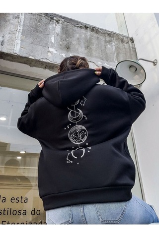 Altamira Unisex Siyah Galaksi Baskılı Oversize Kapşonlu Sweatshirt 001