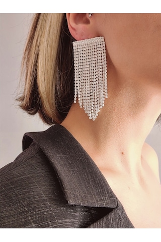 Fenomen Sallantılı Taşlı Gece Abiye Silver Küpe