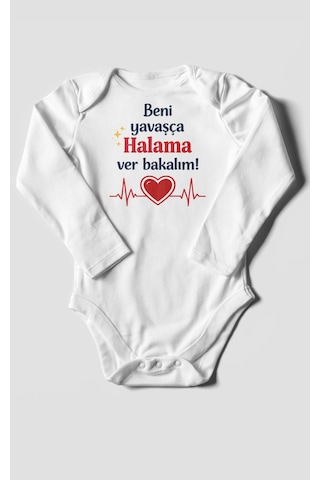 Morivokids Beni Yavaşça Halama Ver Bakalım Uzun Kollu Çıtçıtlı Bebek Body Beyaz