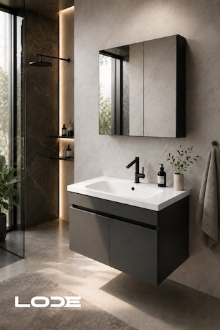 Kale Serisi Banyo Dolabı Seti Banyo Alt Dolap - Aynalı Üst Dolap Cerastyle Frame Lavabolu, Lavabo-aynalı Üst Dolap Dahil Antrasit