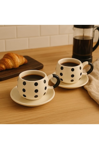 Dekorasyaa Duble 2'li Seramik Kahve Fincan Takımı - 150ml - Puantiye Desenli Beyaz - Siyah