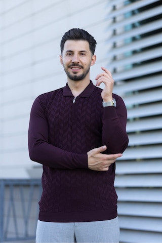 Hk Premium Erkek Triko Kazak Zikzak Desenli Polo Yaka Fermuarlı Slim Fit Bordo