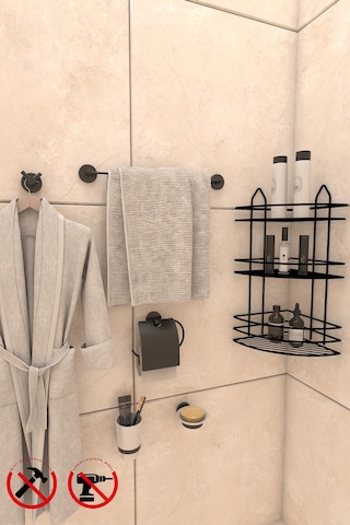 Alper Banyo Yapışkanlı Siyah 3 Katlı Banyo Rafı EK03 Lotus Açık Kağıtlık Uzun Havluluk V Bornoz Askılık Sabunluk Diş Fırçalık Siyah