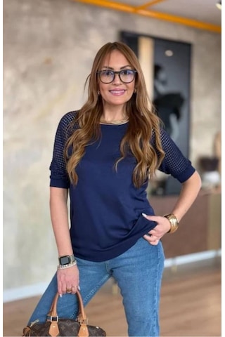 Kısmetsepeti Kadın Yuvarlak Yaka Kol Örgü Detaylı Merserize Lacivetr Şık Bluz Lacivert