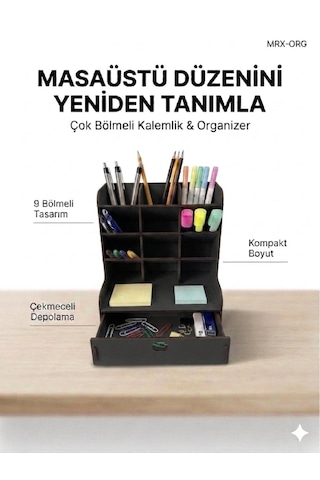 Mrx-org Masaüstü Organizer 9 Bölmeli Kalemlik, Çekmeceli Masa Düzenleyici, Ahşap Ofis Organizer Siyah