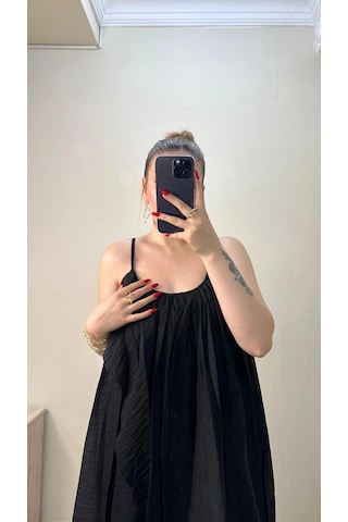 Elora Atelier Büzgülü Askılı Siyah Maxi Boy Elbise Çok Renkli