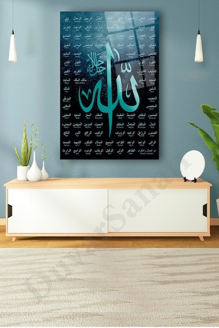 Allah'ın 99 İsmi Esmaül Hüsna Dini Dikey Cam Tablo Evlika Ev Ofis Salon Duvar Dekoru Hediyelik Büyük Tablo