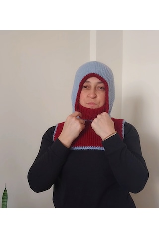 Kemzey Handmade El Yapımı Balaklava, Örgü Şapkalı Boyunluk , Yünlü Şapka Bordo - Mavi