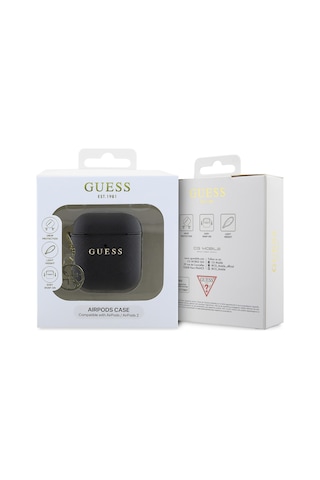 Apple Uyumlu AirPods Kılıf Guess Lisanslı Dokulu 4g Yuvarlak Süs Zincirli Saffiano Kılıf Siyah