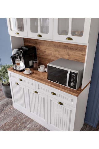 Efes Kahve Köşesi - 140 Cm Mdf Mutfak Dolabı - Led Aydınlatmalı - Atlantik Çam - Beyaz