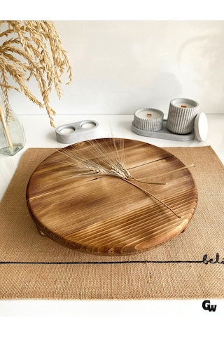 Yuvarlak Doğal Ahşap Sunum Tabağı Ayaklı Düz Ahşap Sunumluk Beyaz Çam Çap:28cm Yük:6,5cm