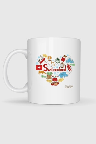 İsviçre Ülkesi Ve Kalp Logo Baskılı Kupa Bardak Beyaz