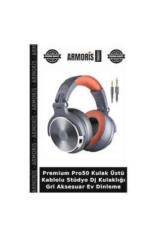 Premium Pro50 Kulak Üstü Kablolu Stüdyo Dj Kulaklığı Gri Aksesuar Ev Dinleme