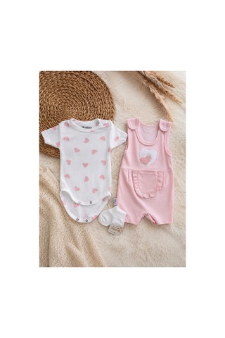 Uğur Bebe Kız Bebek 3 Parça Pembe Renk Kalpli Tulum Seti %100 Pamuk Çıtçıtlı Body Ve Çorap Dahil Yenidoğan Bebek Tulum Pembe Pembe