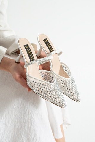 Lebibe Shoes Mına Kadın Beyaz File Taşlı 7 Cm Topuklu Slingback Sivri Burun Abiye Ayakkabı